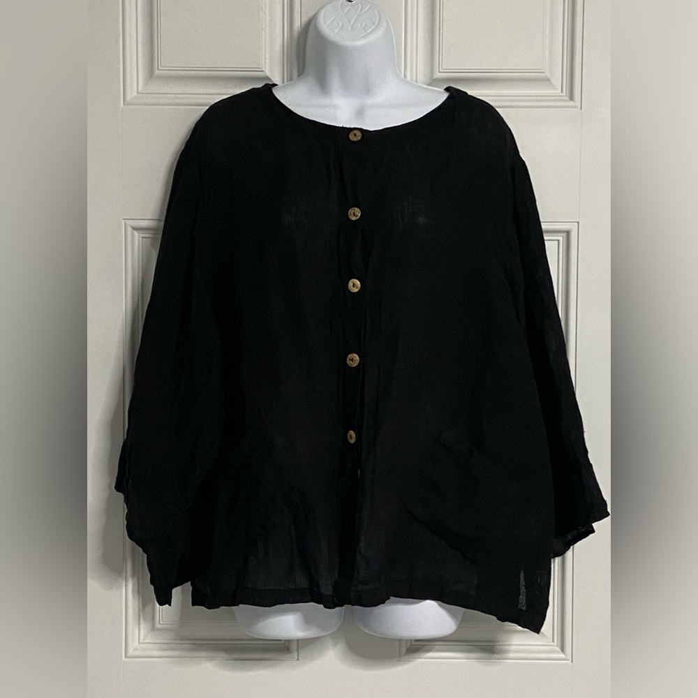 5- CITRON BLEU Black LAGENLOOK Button Up LINEN Top